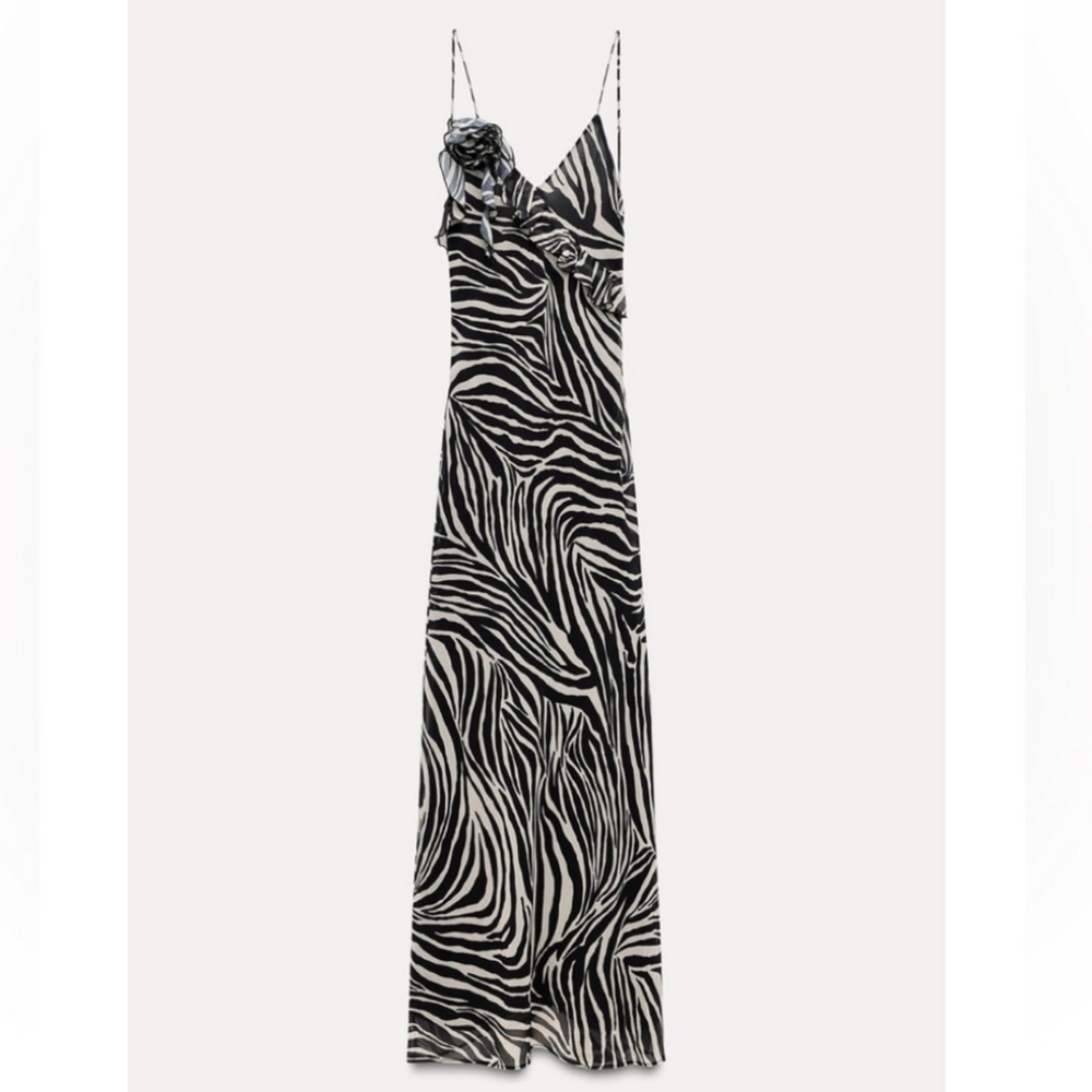 Zara Ruffled Maxi Dress Zebra Size S - Picture 8 of 11